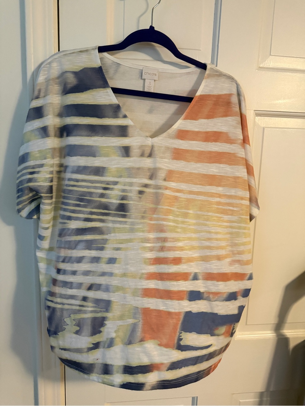 Chico's Multicolor Striped V-Neck Tee in Blue, Coral, Yellow